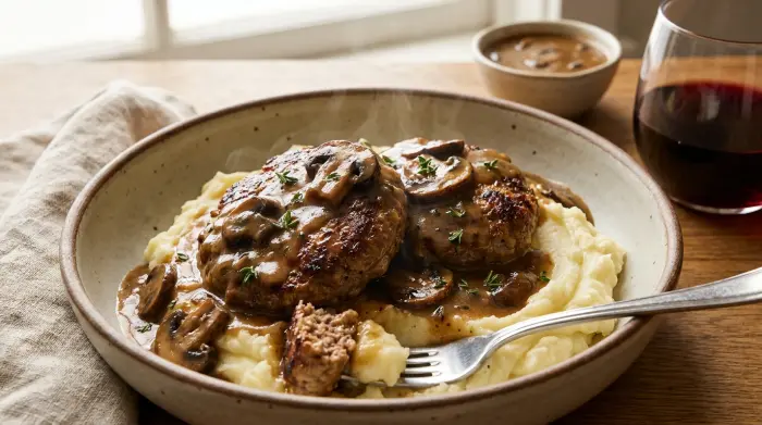 Overhead view of a juicy Salisbury steak covered in dark mushroom gravy.