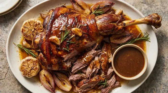 A whole slow-roasted lamb shoulder on a wooden carving board.