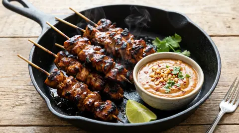 Pile of Thai chicken satay skewers next to a bowl of peanut sauce.
