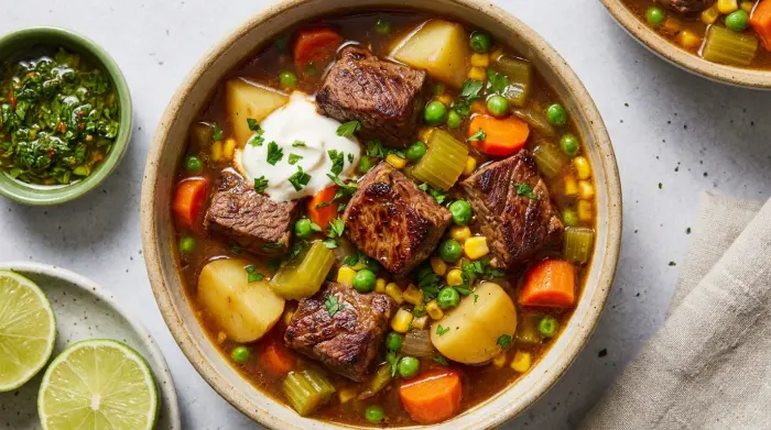 A rustic bowl of hearty vegetable beef soup with chunks of tender meat and potatoes.