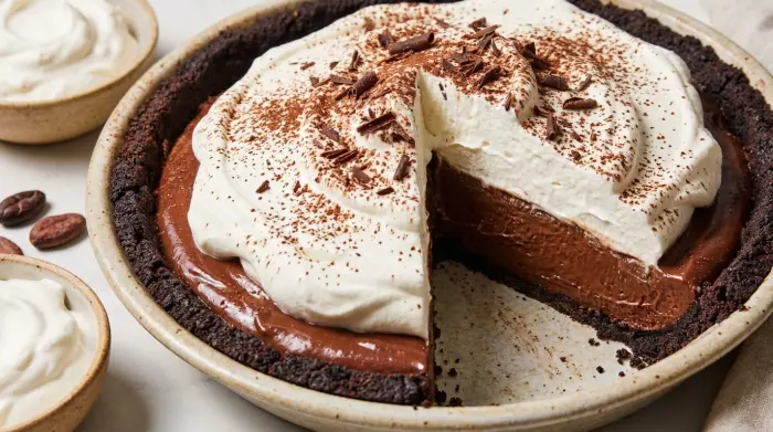Whole chocolate cream pie topped with whipped cream and grated chocolate.