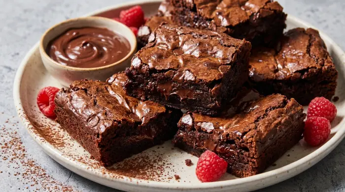 A stack of freshly baked chocolate brownies with crinkly tops and fudgy centers
