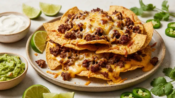A large baking sheet of baked beef nachos with cheese sauce, grated cheese, and beef layered on corn chips.