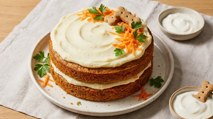 A two-layer dog cake covered in fluffy white frosting
