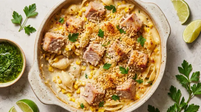 A scoop of creamy tuna pasta bake with a golden breadcrumb crust.