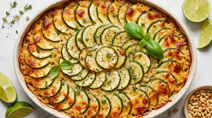 Whole baked zucchini tian with a golden crust in a baking dish.