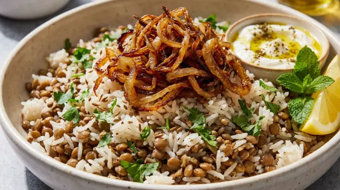 A bowl of warm Middle Eastern rice topped with crispy onions and fresh cilantro.