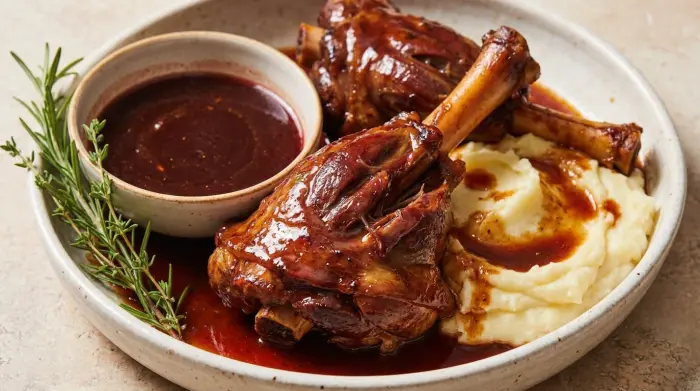 Slow cooked lamb shank with red wine sauce on mashed potatoes.