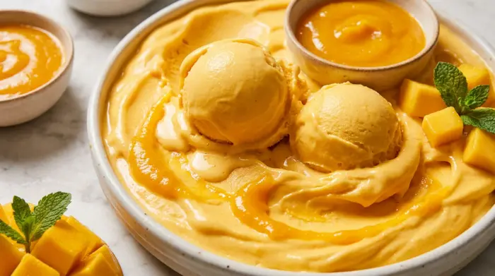 Perfectly scoopable homemade mango ice cream served in a bowl