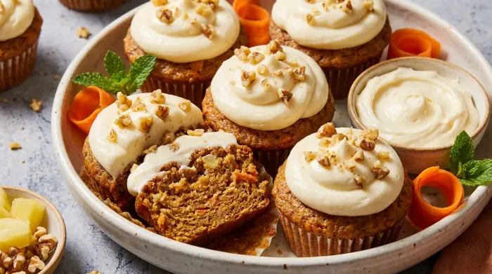 A heavily frosted carrot cake cupcake sprinkled with chopped pecans.