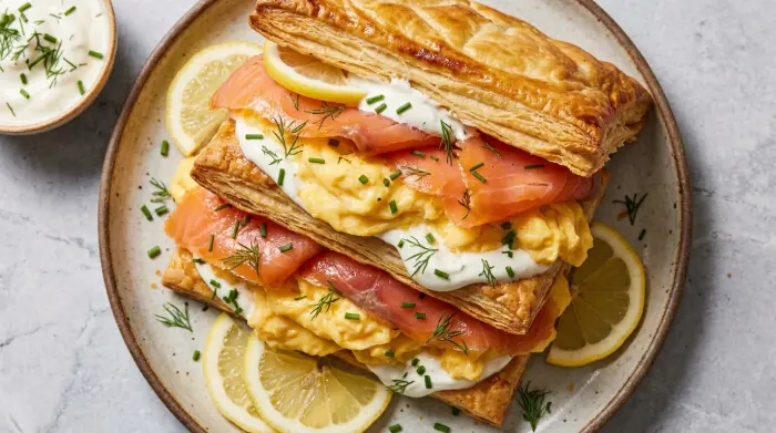 A flaky puff pastry sandwich filled with soft scrambled eggs, smoked salmon, and crème fraîche.
