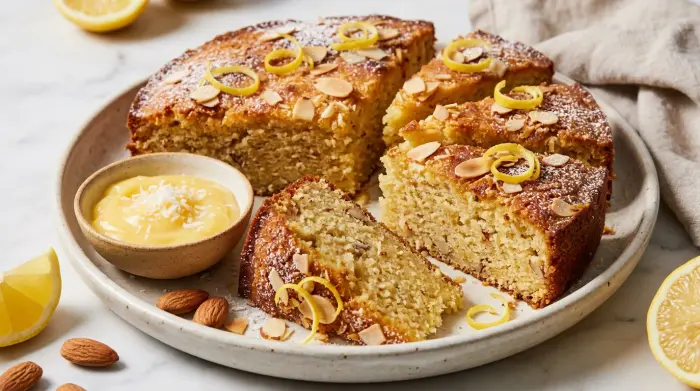 Whole lemon coconut almond cake topped with toasted almond flakes