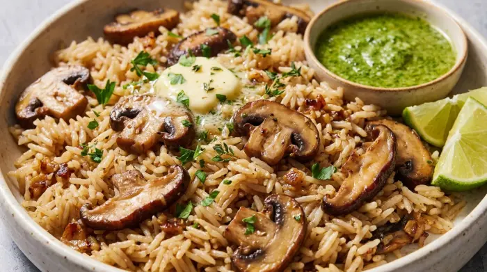 Overhead view of fluffy mushroom rice served in a large ceramic bowl.