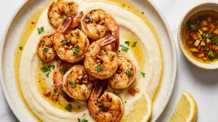 Close-up of garlic shrimp drizzled with browned butter on a bed of cauliflower puree.
