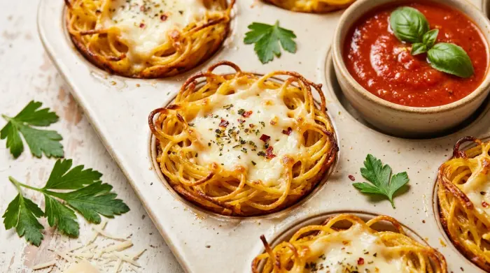Cheesy baked spaghetti nests in a muffin tin with a bowl of marinara sauce