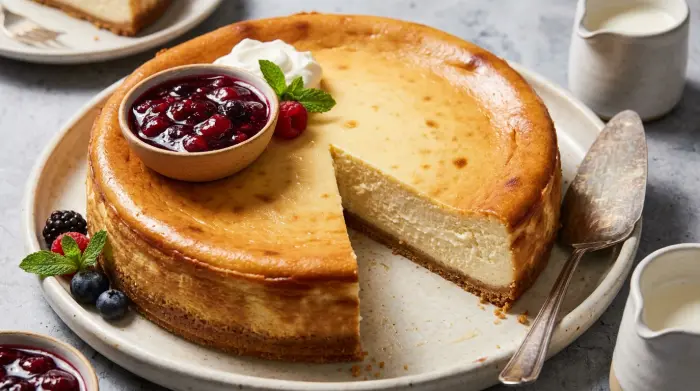 Whole classic baked cheesecake garnished with fresh berries and powdered sugar