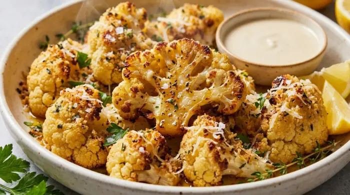 Roasted cauliflower served in a bowl.
