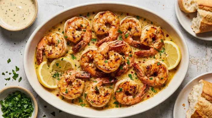 Creamy garlic shrimp spooned generously over mashed potatoes