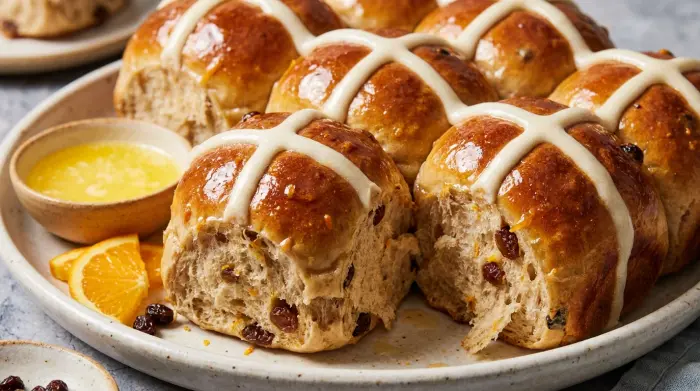 A stack of glossy hot cross buns.