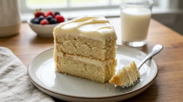 A slice of soft vanilla cake showing an even crumb