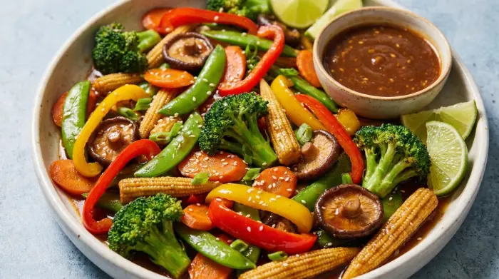 A bowl of glossy vegetable stir-fry served over steaming white rice.