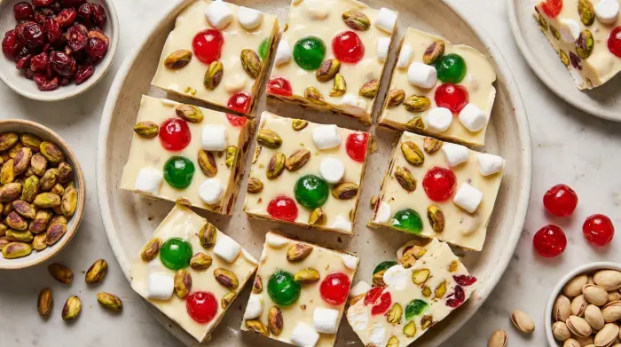 A thick slab of white chocolate rocky road filled with red cherries, green pistachios, and marshmallows.