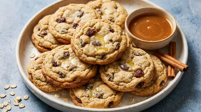 A stack of thick, golden oatmeal raisin cookies on a flat surface.