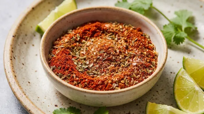 Homemade taco seasoning in a small ceramic bowl with lime wedges and cilantro