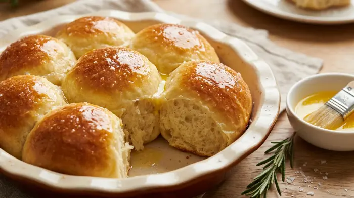 A baking sheet filled with twelve perfectly baked, golden no-knead dinner rolls.
