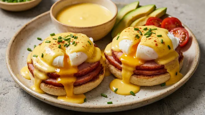 Plated Eggs Benedict covered in rich yellow sauce and fresh herbs on a plate.